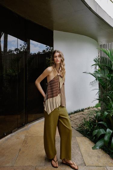 BEADED PRINT HALTER TOP - Ecru / Brown by Zara - Image 0