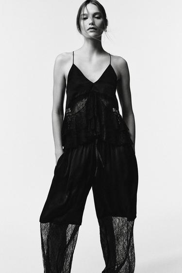 Zara LIMITED EDITION COMBINATION LACE TOP - Black