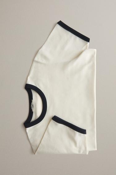 CONTRAST TRIM SHORT SLEEVE T-SHIRT - Ecru / Blue by Zara
