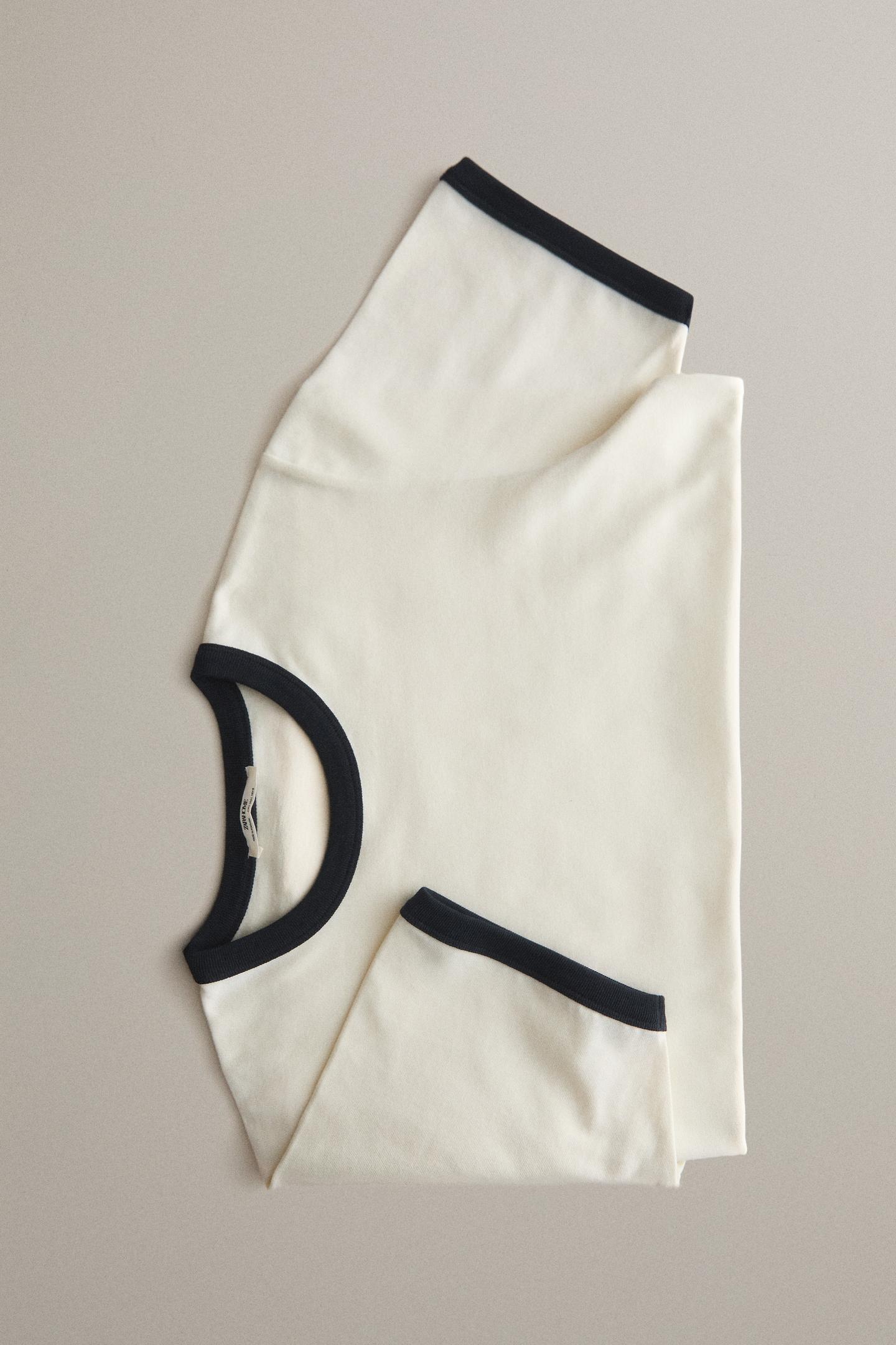 Женская футболка Zara Contrast Trim Short Sleeve, цвет: Экрю / Синий — фото 5