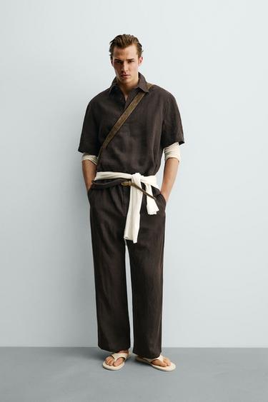 СОРОЧКА-ПОЛО ЗІ 100% ЛЬОНУ - Темно-коричневий Zara - Зображення 0