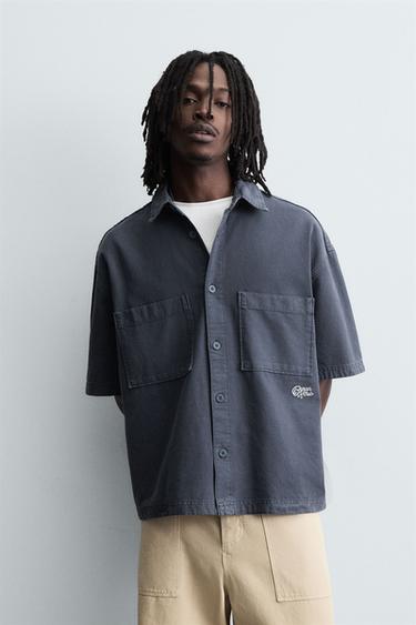 Zara CONTRAST EMBROIDERY SHIRT - Blue