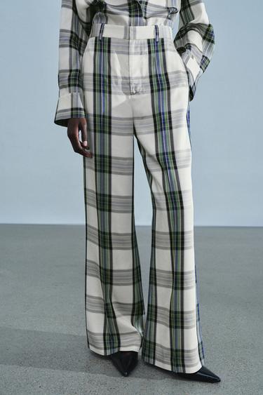 ZW COLLECTION PLAID FLOWY PANTS — Ecru 1