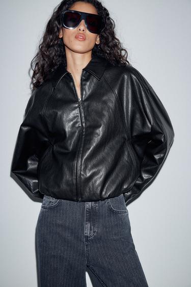 Zara FAUX LEATHER BOMBER JACKET - Black