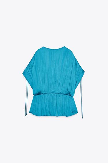 BLOUSE SATINÉE FRONCÉE - Bleu canard de Zara - Image 5