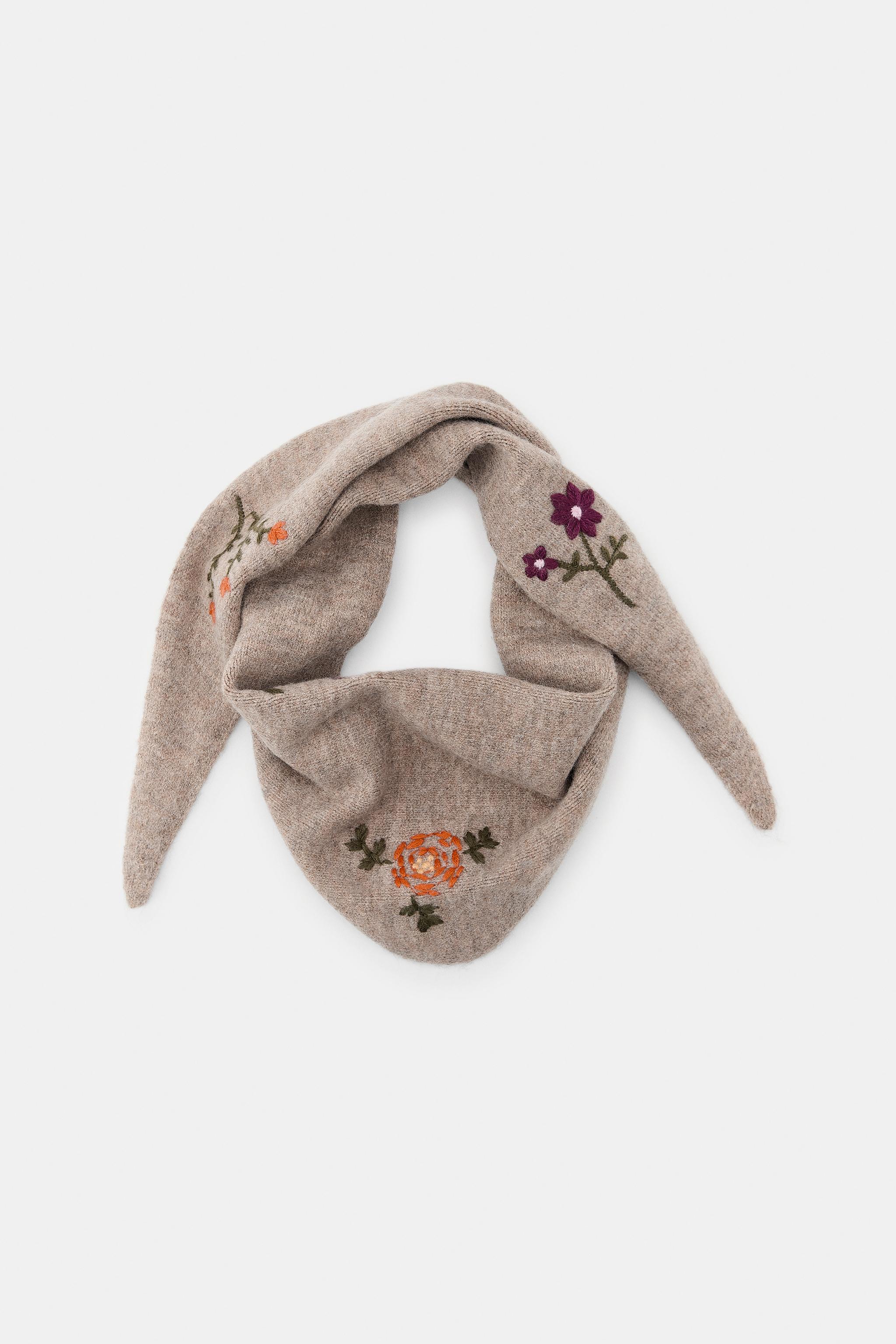 KNIT FLORAL EMBROIDERED BANDANA - taupe brown | ZARA Canada