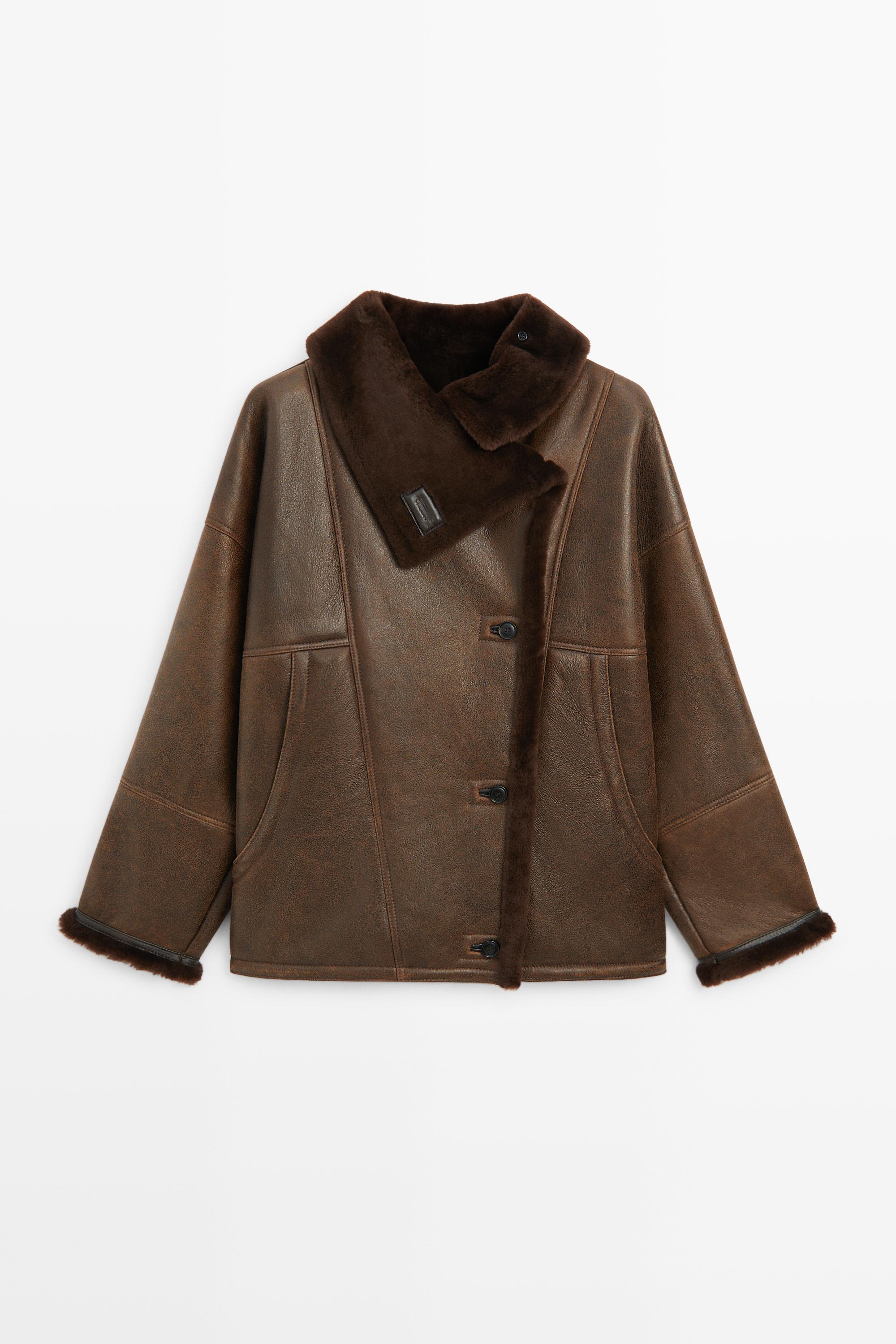 Manteau double face en cuir, daim et fourrure