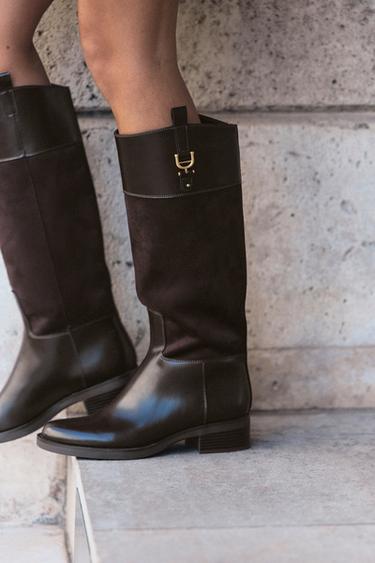 MIXED MATERIAL RIDING BOOTS — Brown 2