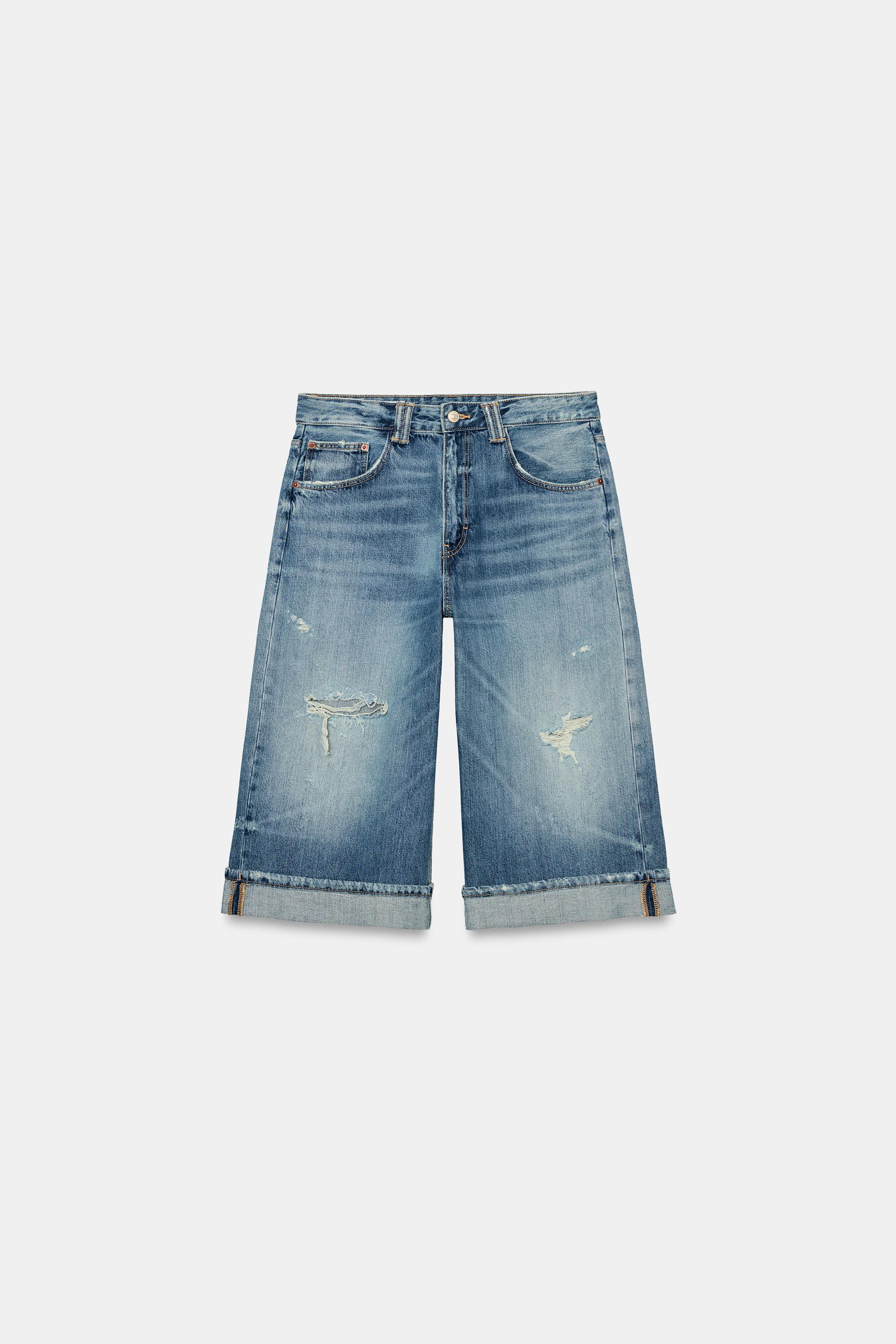 MID-RISE TRF RIPPED DENIM JORTS - Blue | ZARA United States