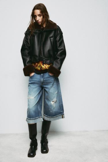 Zara TRF MID-RISE RIPPED DENIM JORTS - Blue