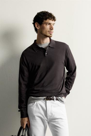 Zara LIGHTWEIGHT COTTON-BLEND KNIT POLO - Chocolate