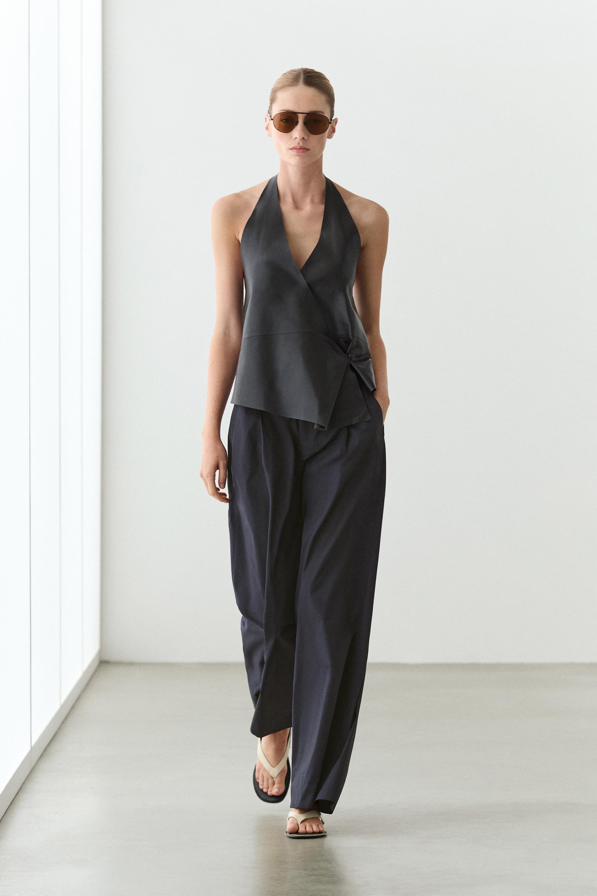Cotton blend wide-leg pleated trousers — Bluish