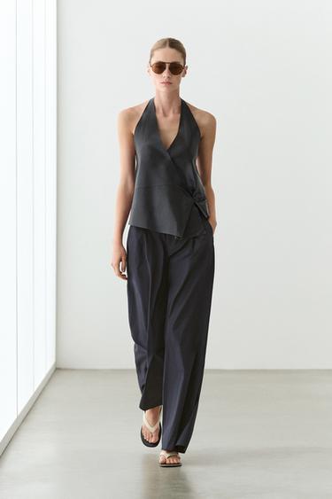 Zara Cotton blend wide-leg pleated trousers - Bluish - Image 0