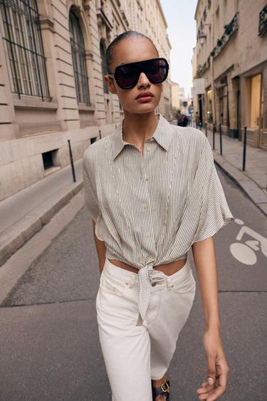 CHEMISE MANCHES COURTES NŒUD - Écru / Noir de Zara - Image 2