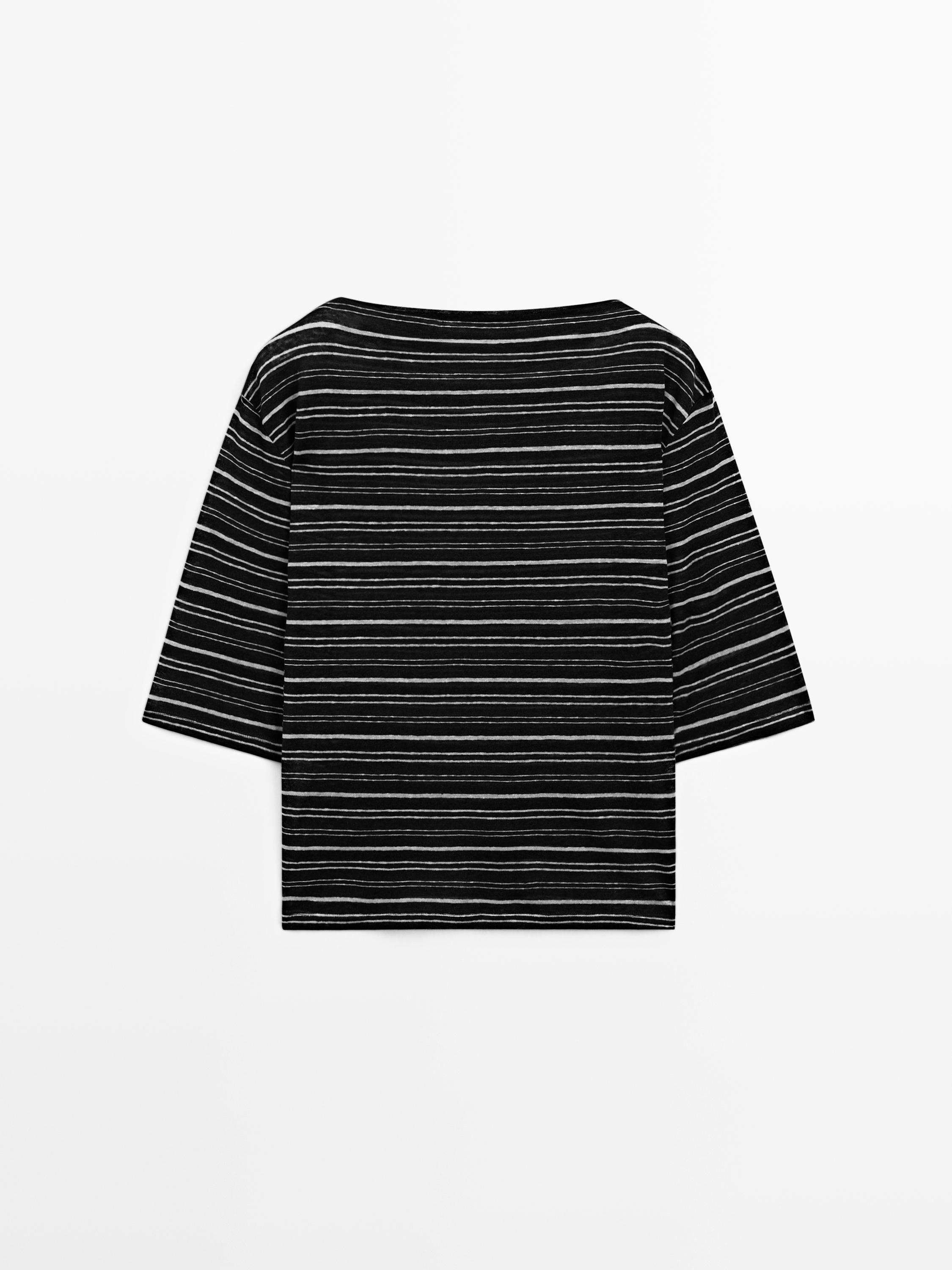 Striped linen 3/4 sleeve knit T-shirt