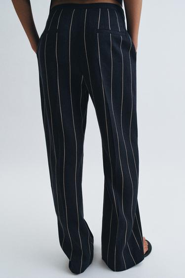ZW COLLECTION STRIPED LINEN BLEND TROUSERS - Navy blue by Zara - Image 1