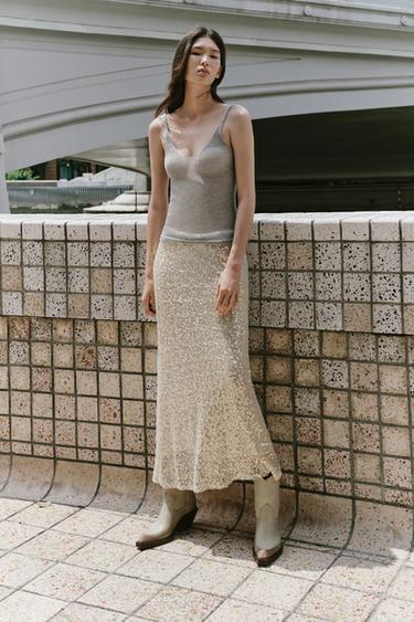 Zara 亮片中長裙 - 銀色 - 圖片 0
