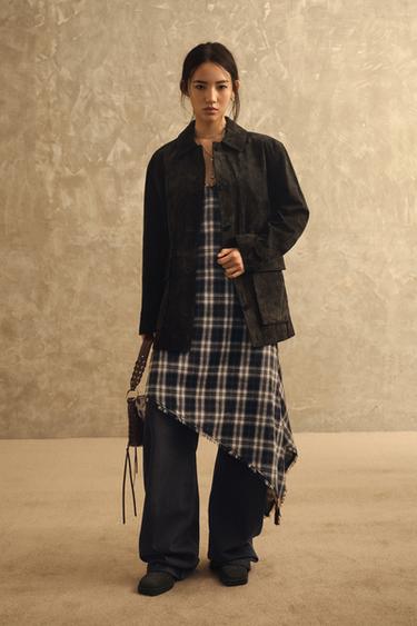 Zara 不對稱格紋洋裝 - 棕色-藍色