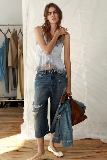 TRF MID-WAIST RIPPED DENIM JORTS BERMUDA SHORTS - Light blue by Zara