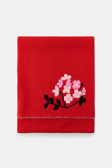 Zara KNIT SCARF WITH CONTRASTING FLOWERS - Red