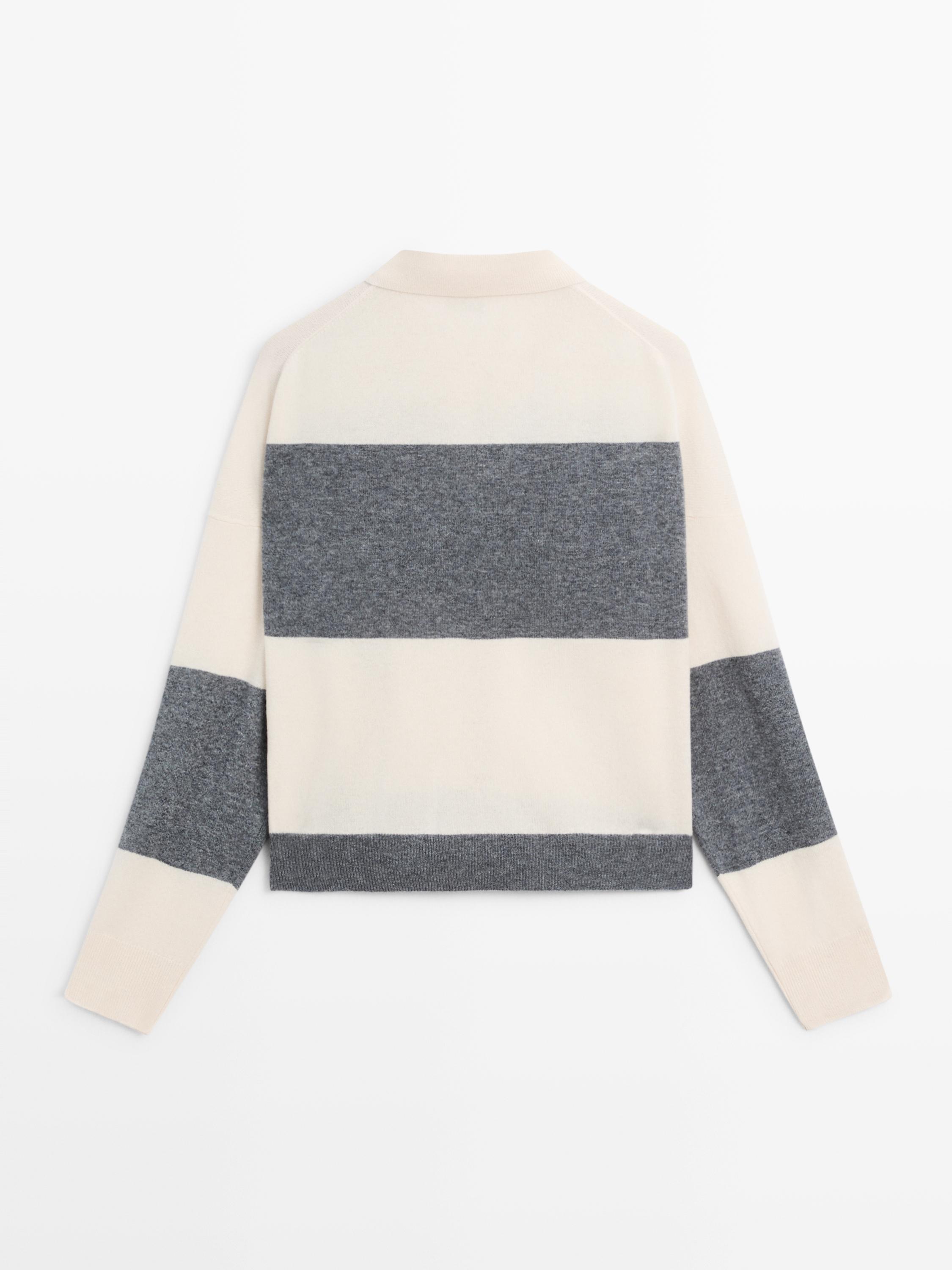 Striped knit sweater with polo collar
