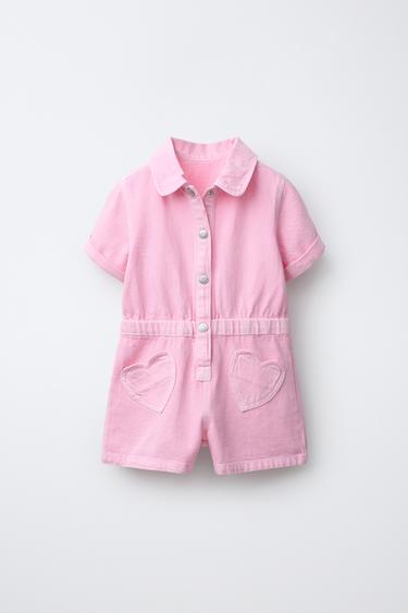 TWILL PLAYSUIT WITH HEART POCKETS - Pink by Zara