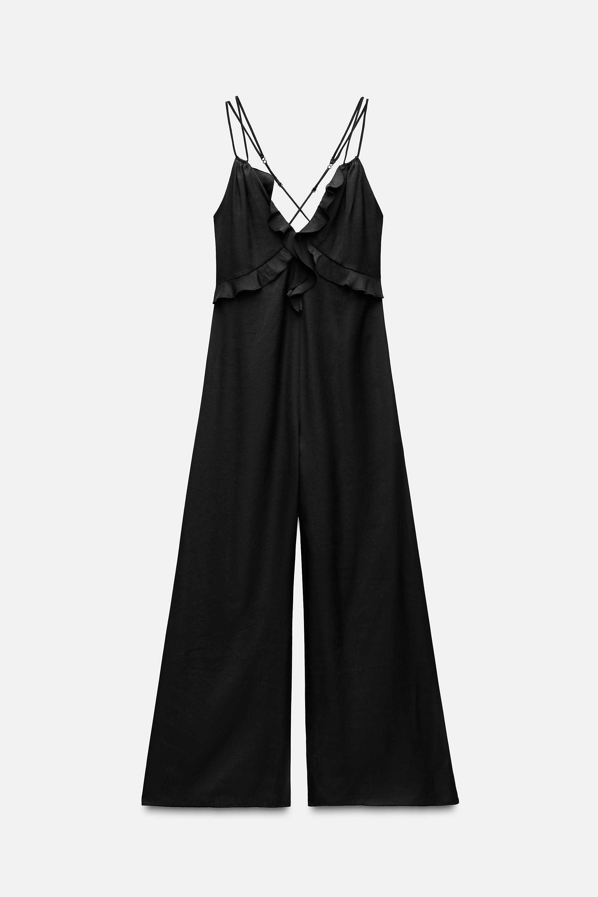 Zara Cream Halter Neck Spaghetti Strap Tie Wide Leg store Ruffle Jumpsuit