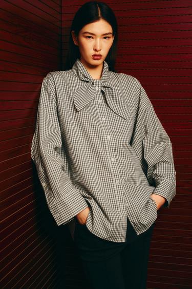 POPLIN CHECK SHIRT WITH SCARF PRINT - Ecru / Black by Zara