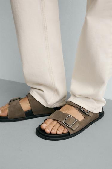 SANDALES EN CUIR À DOUBLE BRIDE - Gris taupe de Zara - Image 2