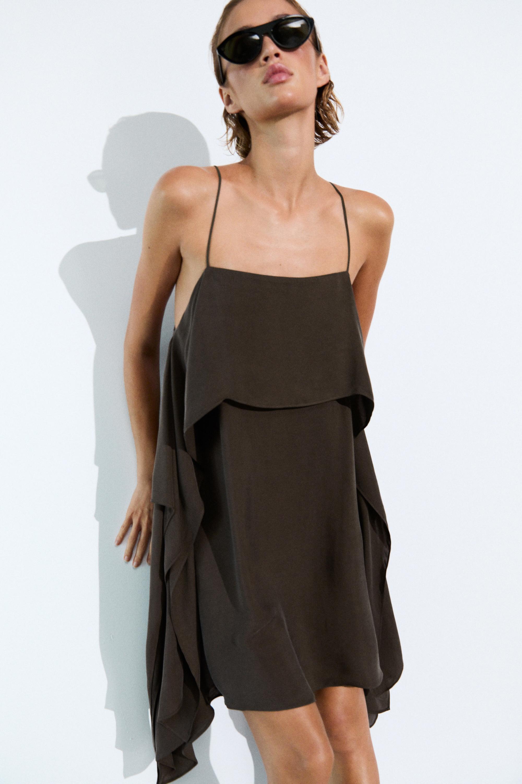 Strappy mini dress with ruffle detail — Brown