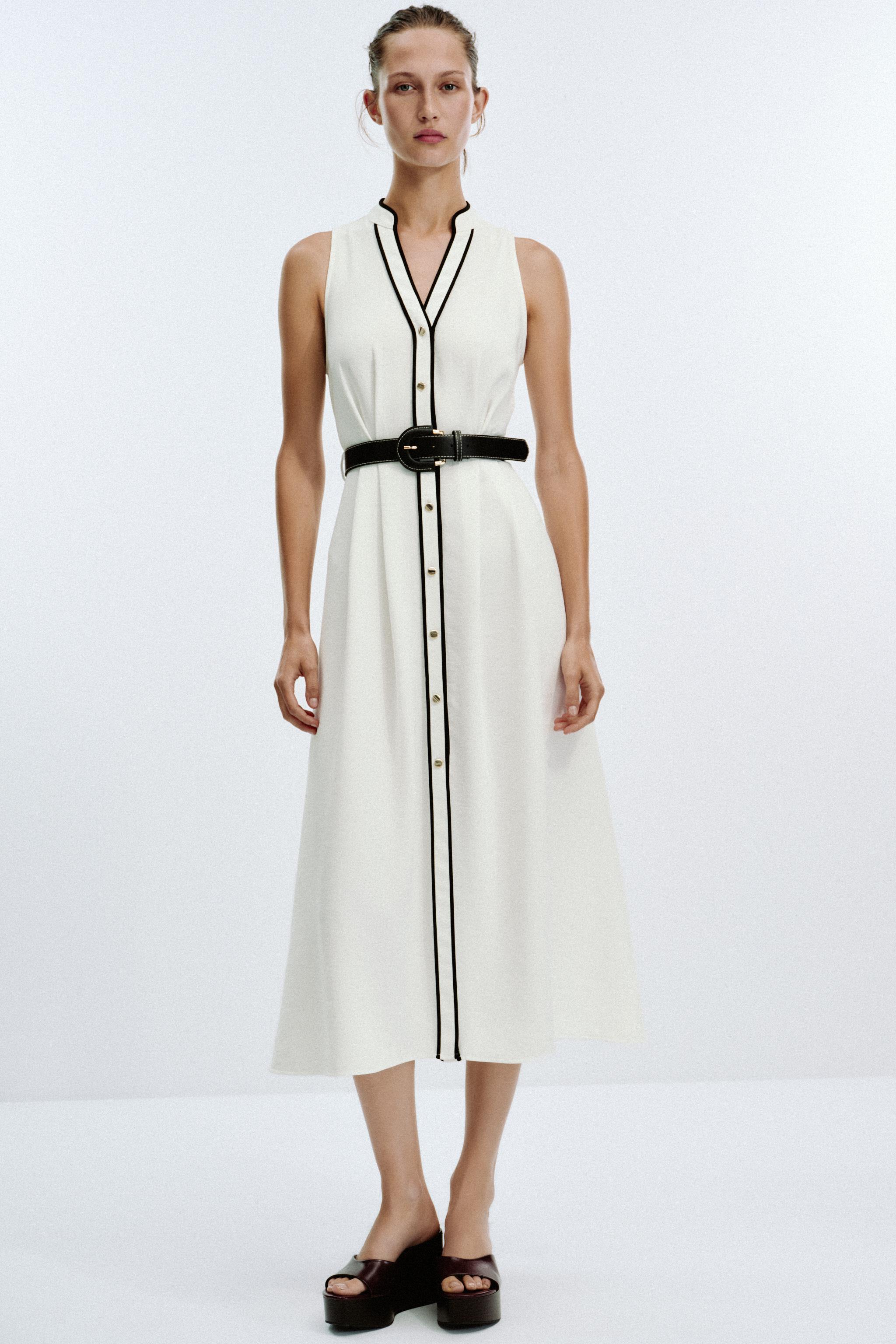 BELTED CONTRAST TRIM MIDI DRESS