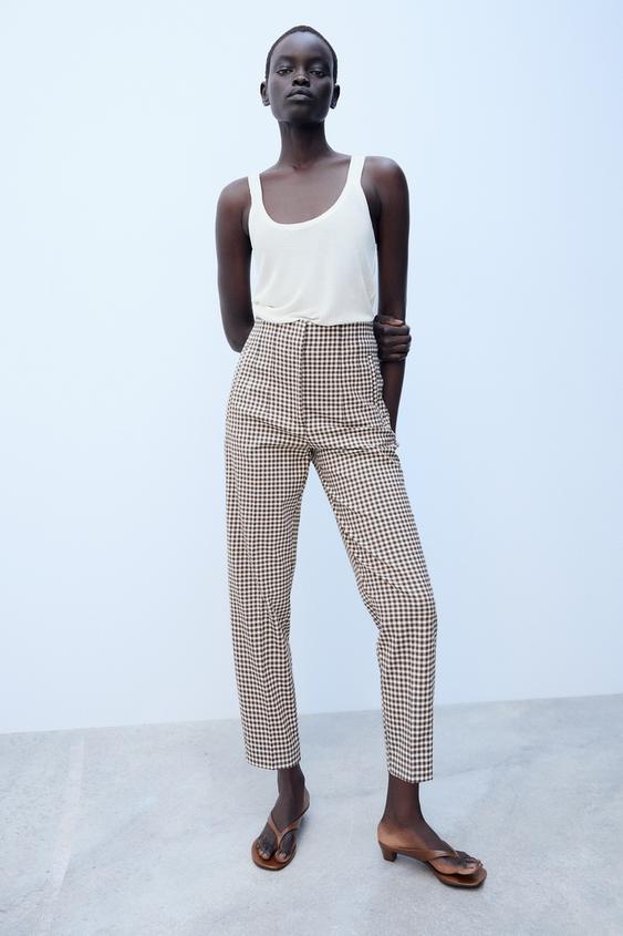 PANTALÓN CUADRO VICHY TIRO ALTO - marron/blanco de Zara - Imagen 0