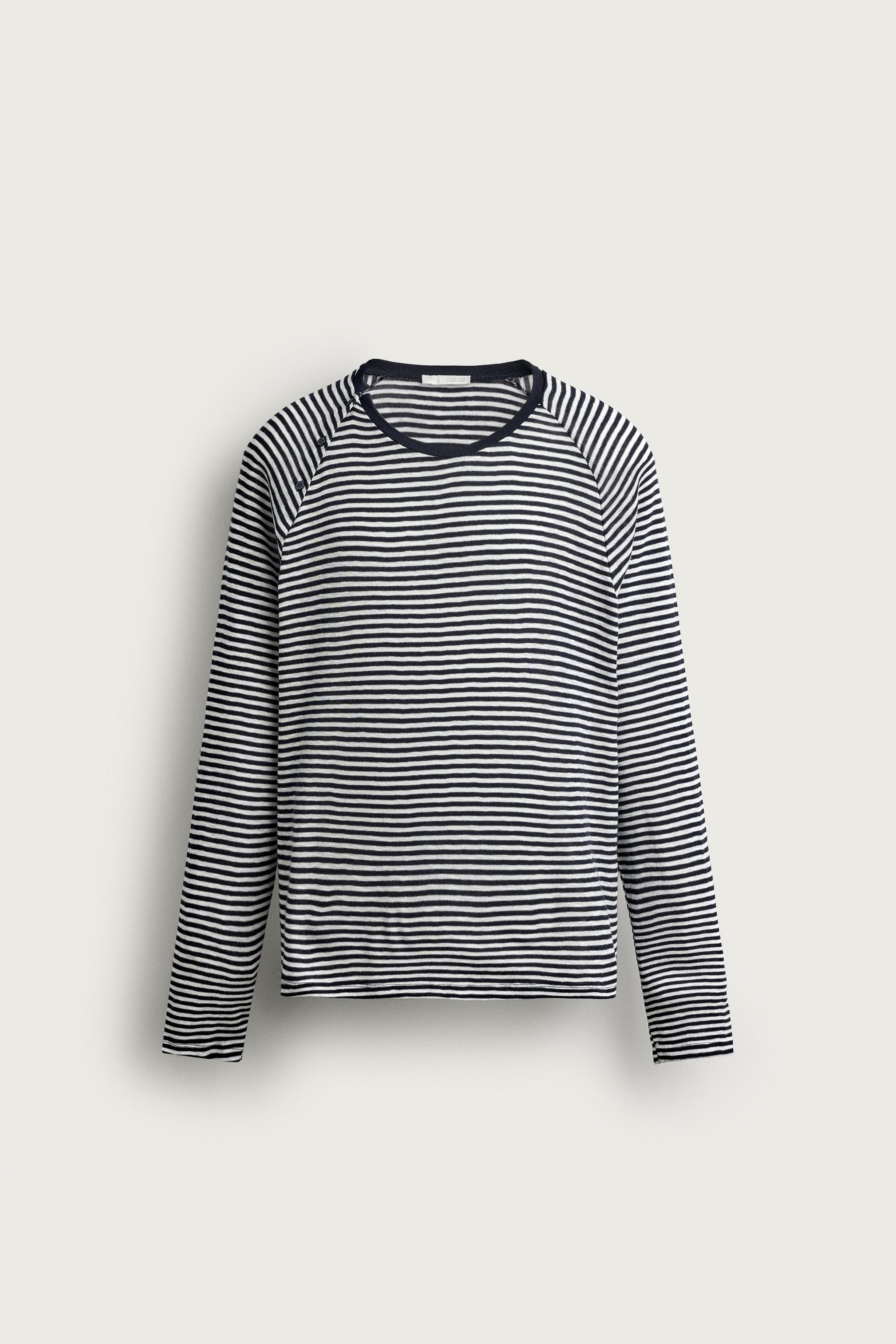 STRIPED BUTTON NECK T-SHIRT — Navy / White
