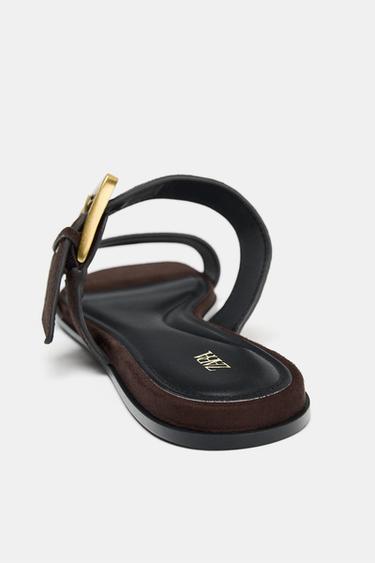 BUCKLED FLAT SPLIT SUEDE SANDALS - Brown by Zara - Image 6