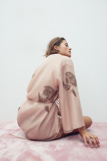 SHORT SILK KIMONO WITH BEADS - Pink by Zara - Image 1
