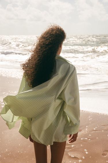 OVERSIZE STRIPED POPLIN SHIRT - Light lime green by Zara - Image 3