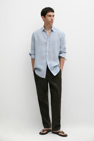 Zara 100% linen shirt with discontinuous stripes - Blue - Image 0
