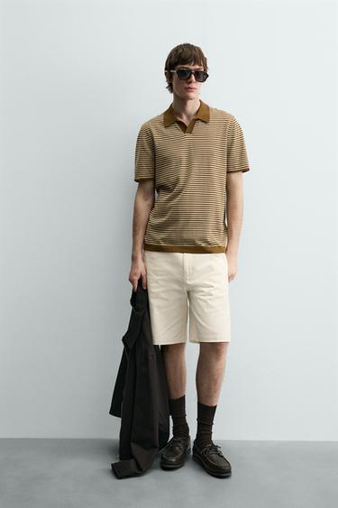 STRIPED KNIT POLO SHIRT - Caramel by Zara - Image 0