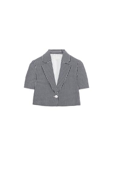 BLAZER COURTE À CARREAUX VICHY - Bleu marine / Blanc de Zara