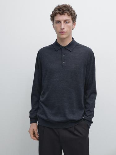 Zara 100% wool knit sweater with polo collar - Dark navy