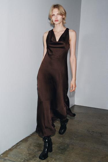 Zara ZW COLLECTION SATIN LONG DRESS - Brown