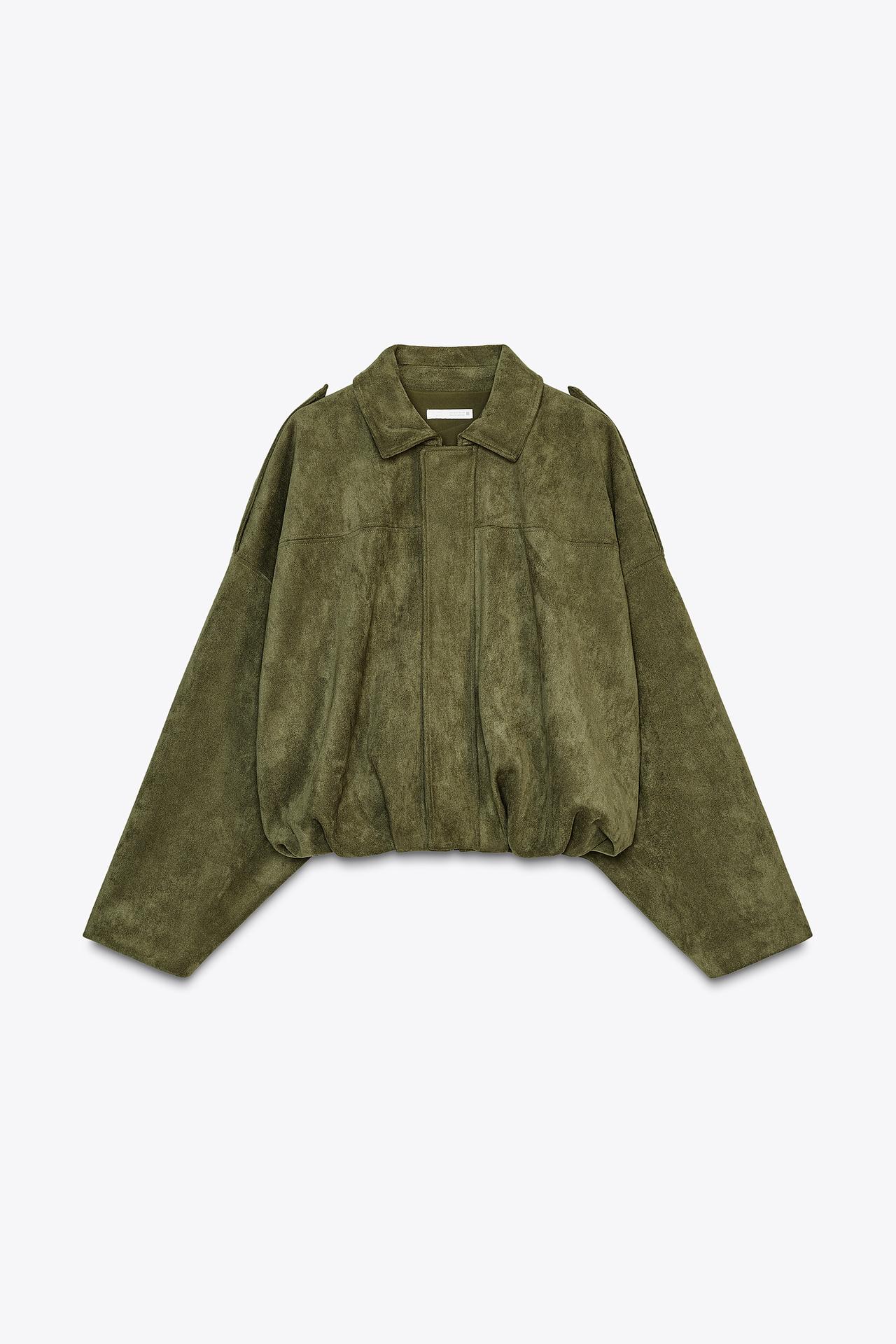 Olive green bomber jacket with a notched lapel collar, wide long sleeves and a concealed front fastening. Pleated hem. £59.99