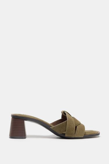 STRAPPY SPLIT SUEDE HEELED SANDALS - Khaki Green by Zara