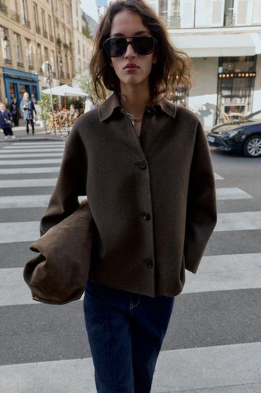 MANTEAU AVEC LAINE COL EFFET FOURRURE - Kaki foncé de Zara - Image 5