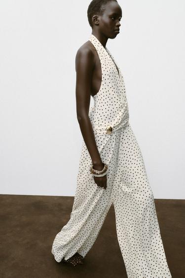 Zara POLKA DOT HALTER JUMPSUIT - Ecru / Brown