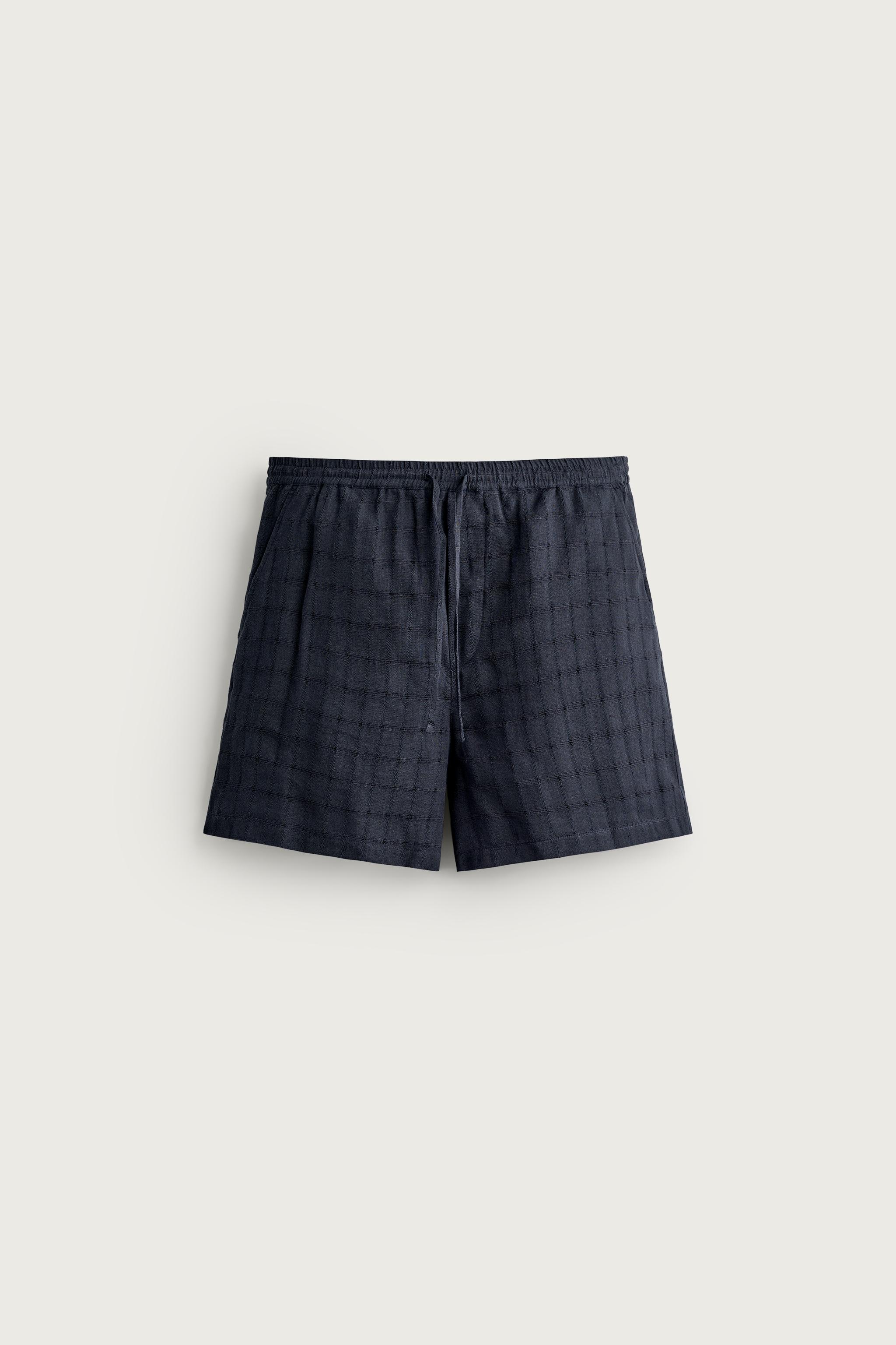 LINEN COTTON BLEND CHECKED JACQUARD SHORTS — Navy blue