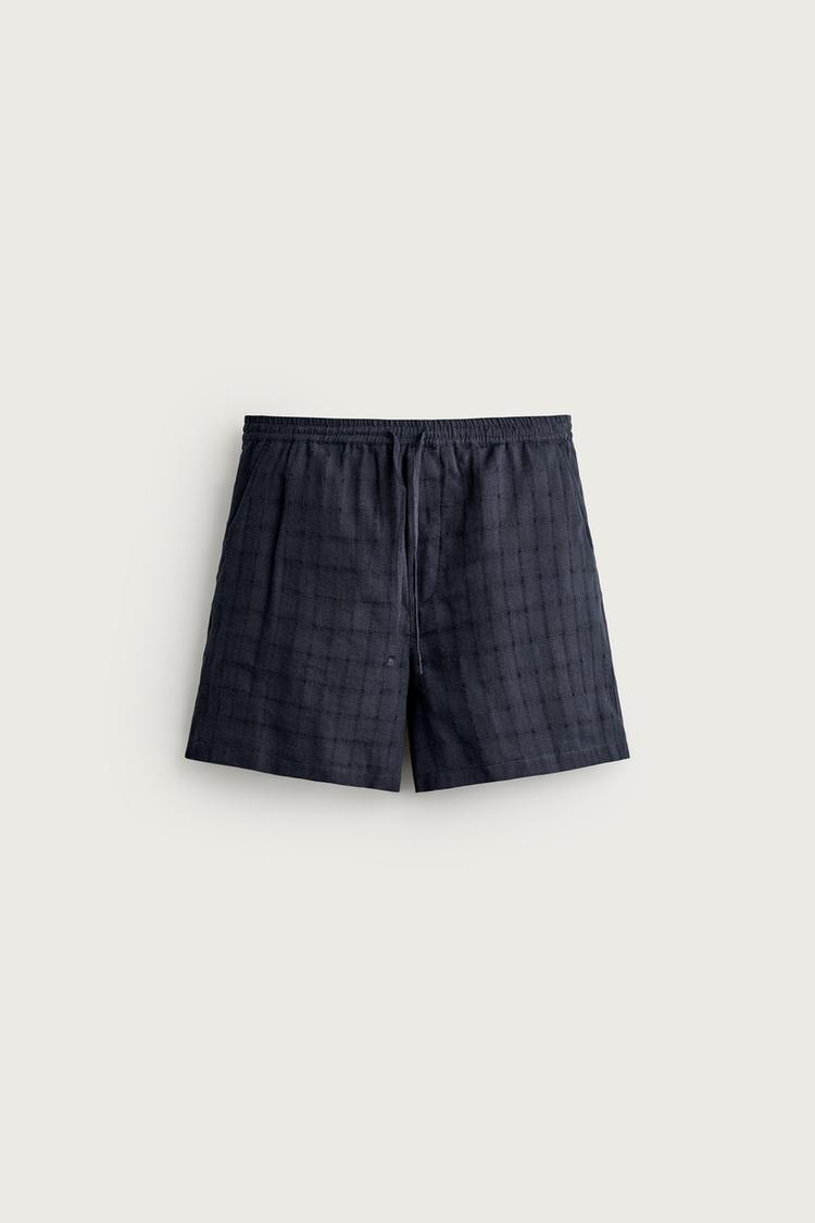 Pantalones cortos Bermuda de algodón/lino a cuadros jacquard 5