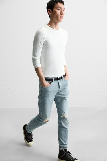 Zara RIPPED SKINNY JEANS - Light blue