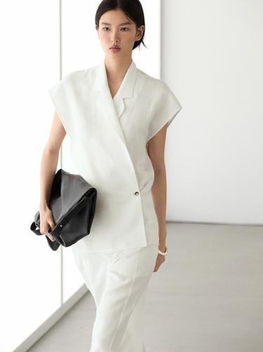 Zara Linen double-breasted lapel vest - Oyster-white
