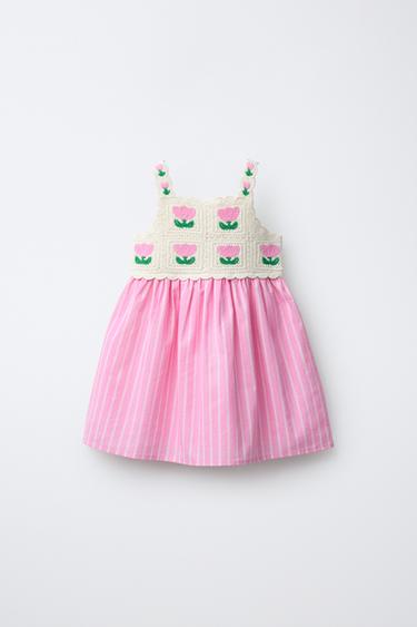 CONTRAST CROCHET KNIT FLORAL DRESS - Pink by Zara